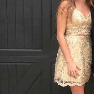 B Darlin Homecoming gold two piece mini dress